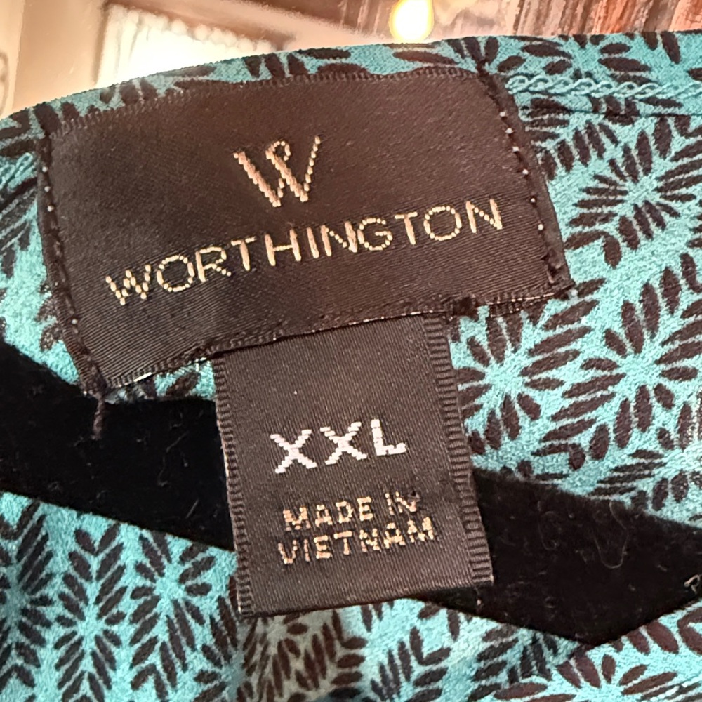 Worthington Womens XXL Teal Black Geometric Print Back Zip V-Neck Blouse Top - Picture 2 of 6